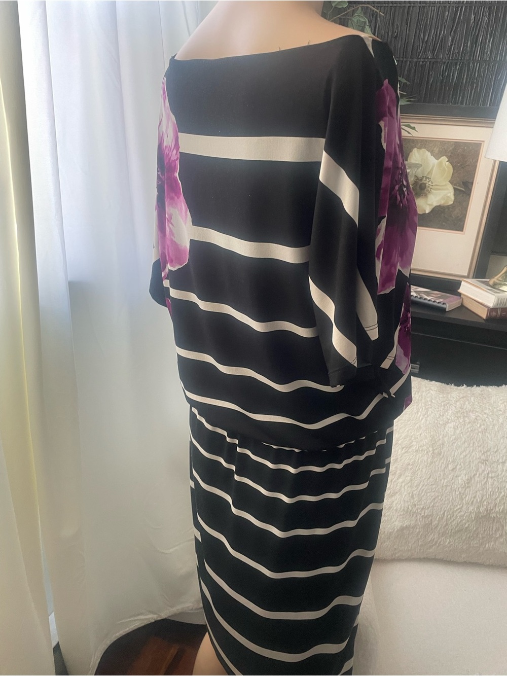 Peter Nygard Black and White Striped Dress with Purple Floral Accents size 8